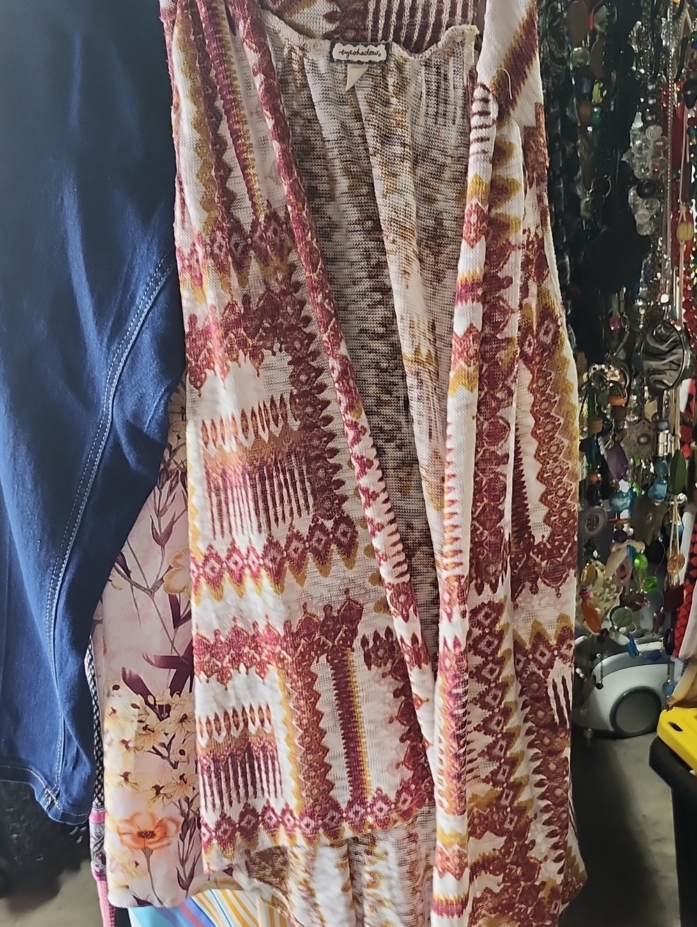 Eyeshadow Aztec-Pattern Open Front Tunic in Cream, Rust and Mustard